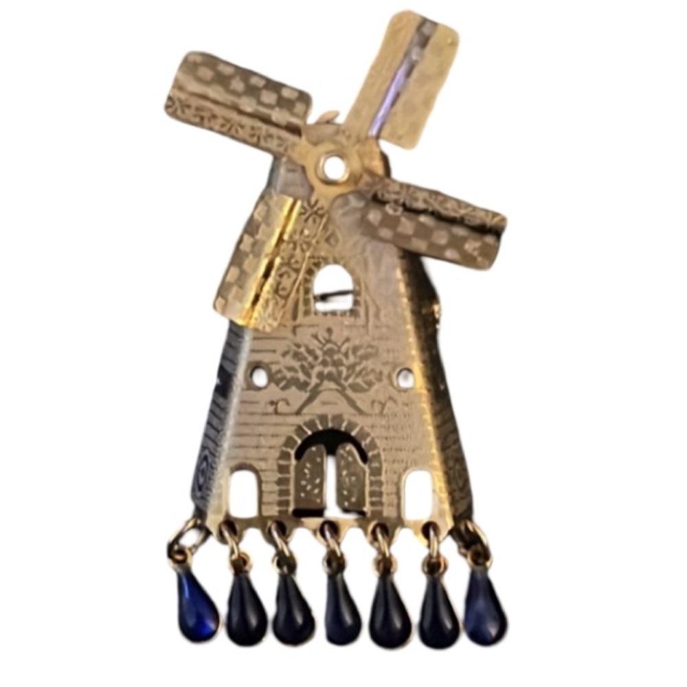 Vintage Whimsical Gold Cut Out Movable Dutch Windmill Brooch
